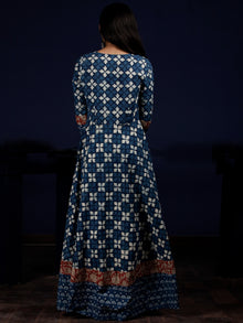 Indigo White Red Hand Block Printed Cotton Dress With Pin Tuck  - D204F1340