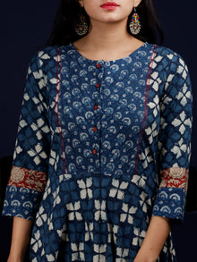 Indigo White Red Hand Block Printed Cotton Dress With Pin Tuck  - D204F1340