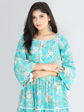 Gulzar Ruhma - Hand Block Printed Tiered Long Dress With Lace - D410F2030