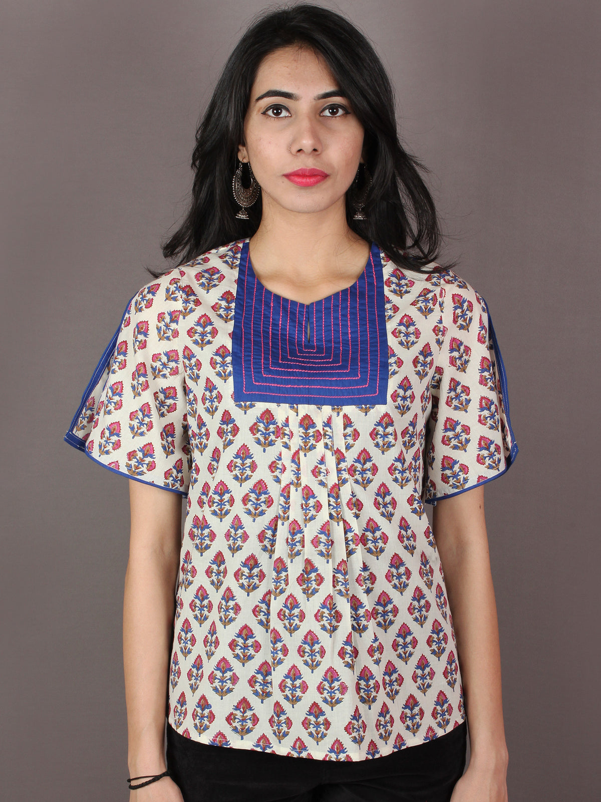 Ivory Multi Colour Hand Block Printed Cotton Top - T11640022