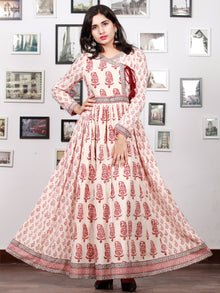 White Red Black Bagh Printed Cotton Long Angrakha Dress With Gathers - D298F1719