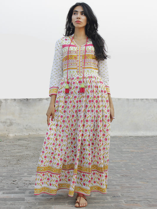 Naaz White Pink Orange Green Hand Block Printed Long Cotton Dress With Stand Collar -  DS39F001