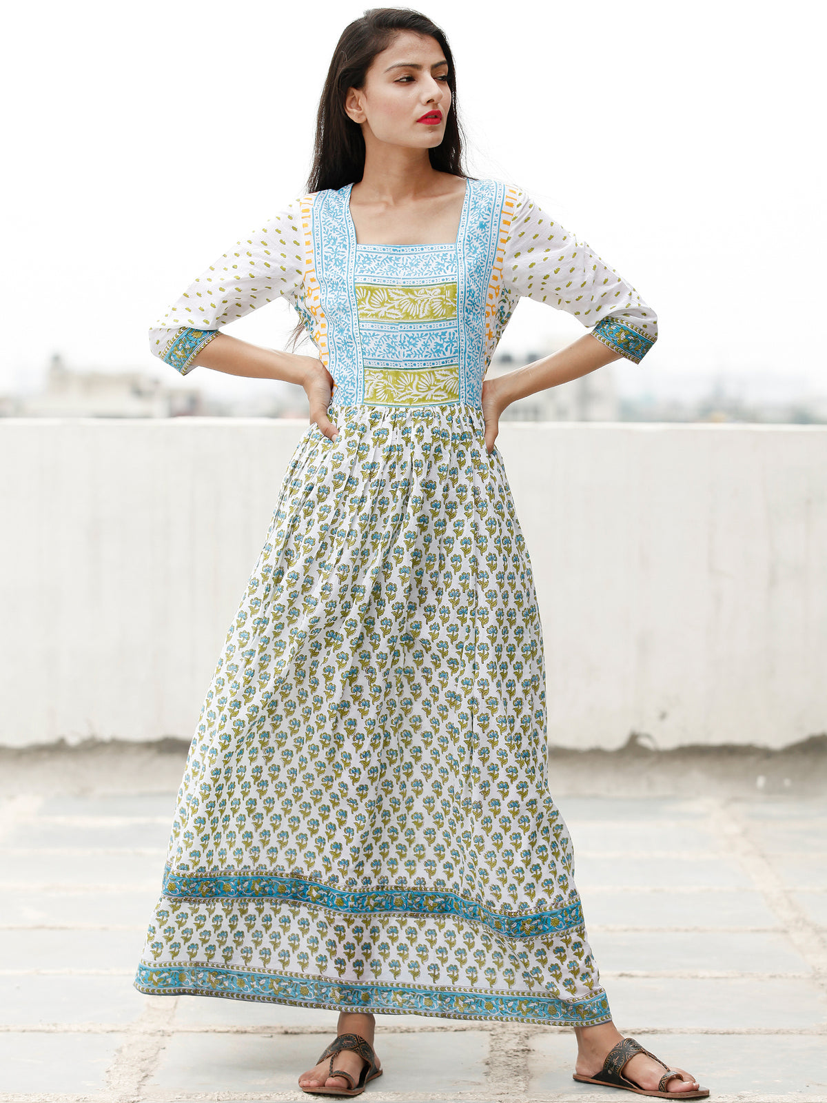 Naaz Arzou - White Sky Blue Green Hand Block Printed Dress With Gathers -  DS76F002
