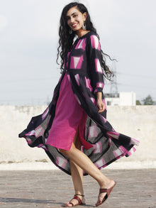 Naaz Black Pink White Hand Block Printed & Tie Dye Dress With Peasant Sleeves & Lining -DS25F001