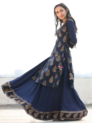 Aalia - Indigo Gold Block Print Kurta & Skirt Dress With Tassels - D380F2001