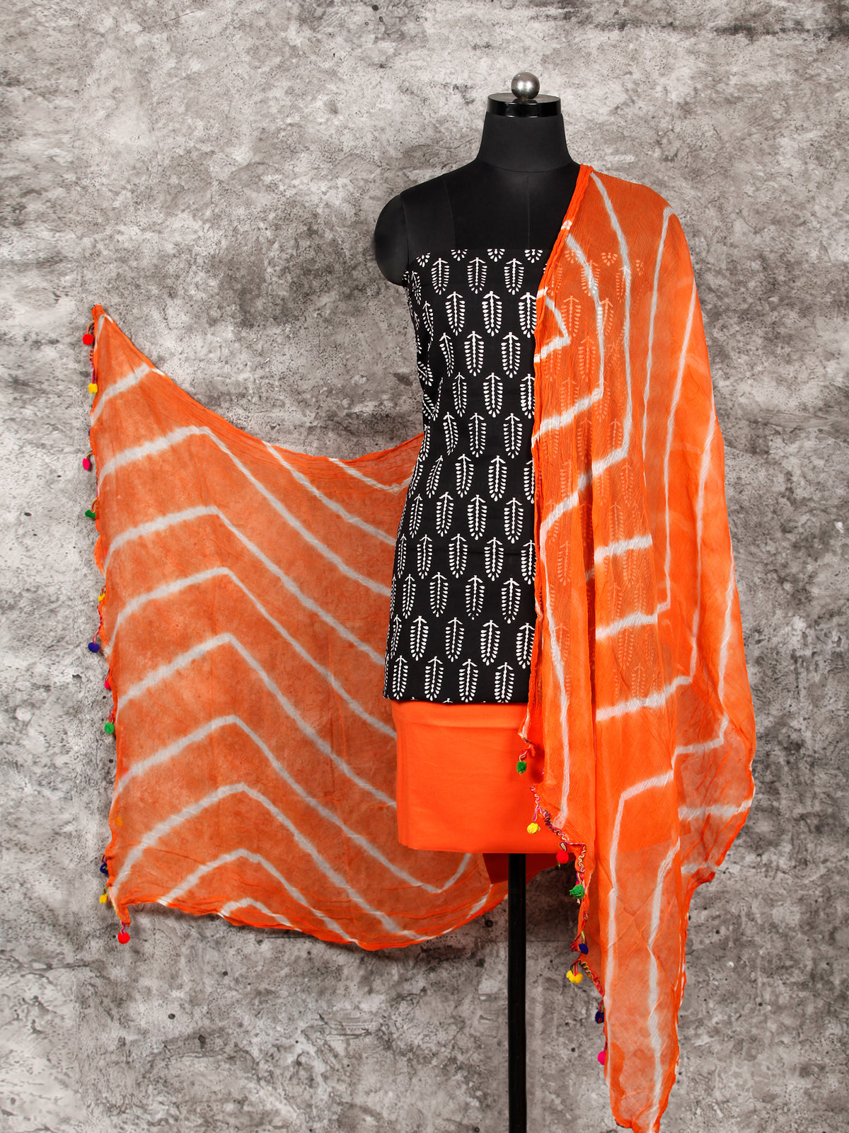 Black Orange White Hand Block Printed Cotton Suit-Salwar Fabric With Chiffon Dupatta (Set of 3) - SU01HB334
