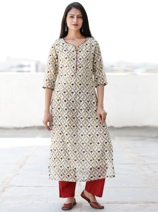 Ivory Maroon Green Hand Block Printed Chanderi Silk Kurta - K170F1926