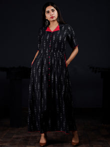 Indigo White Mergenta Long Handwoven Ikat Dress With Collar & Side Pockets - D313F1472