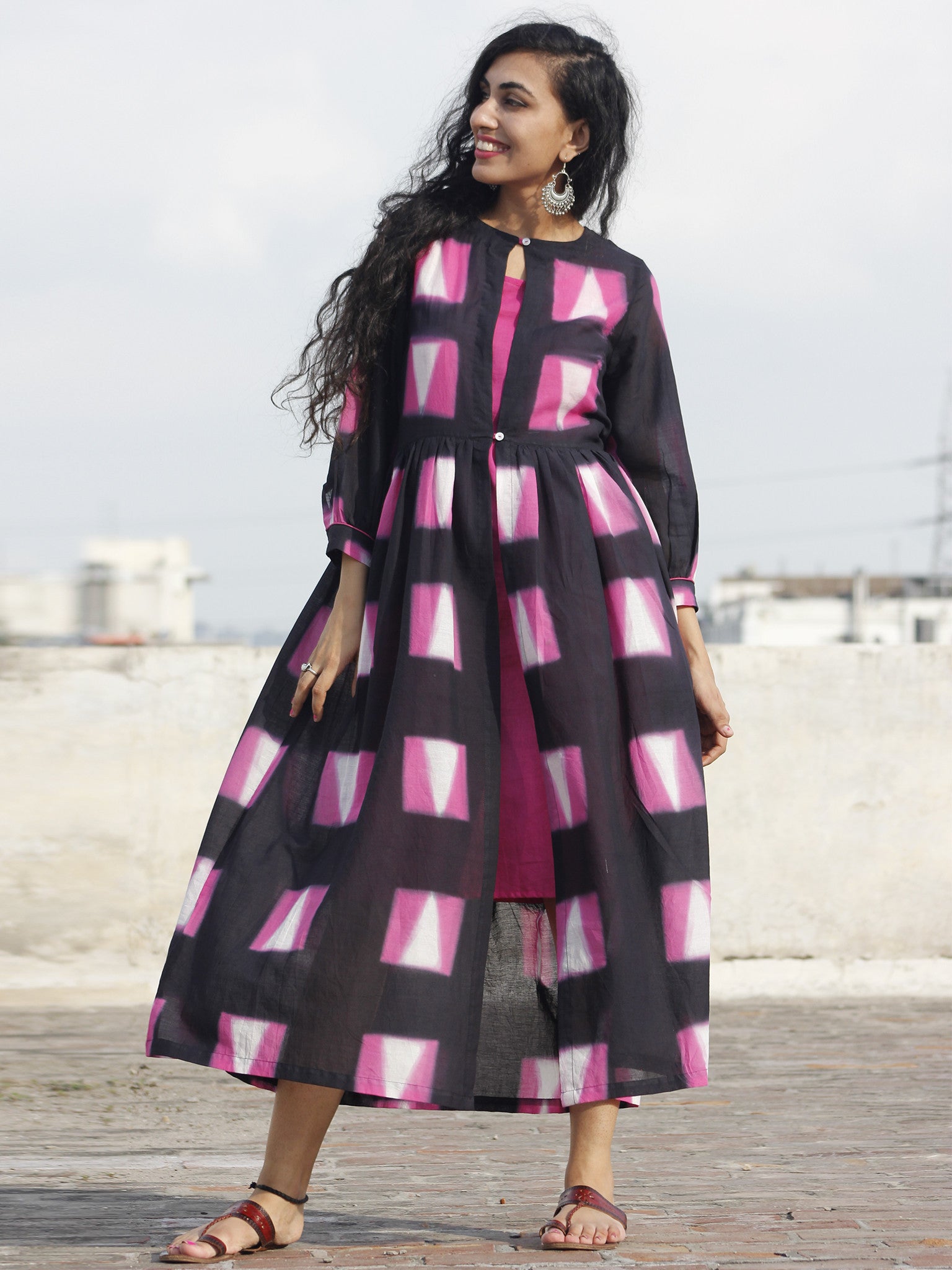 Naaz Black Pink White Hand Block Printed & Tie Dye Dress With Peasant ...