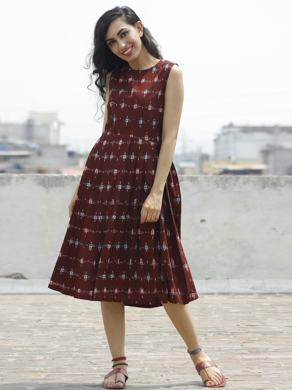 Maroon Green Red Ivory Handwoven Double Ikat Pleated Sleeveless Dress With Back Zip  - D65F664
