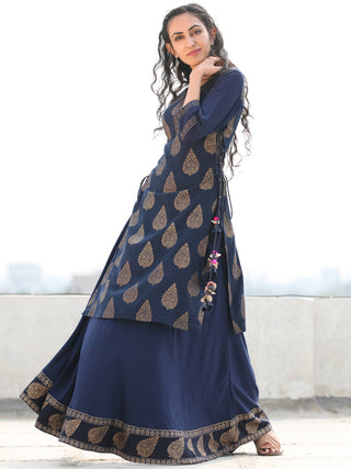 Aalia - Indigo Gold Block Print Kurta & Skirt Dress With Tassels - D380F2001