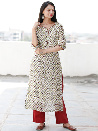 Ivory Maroon Green Hand Block Printed Chanderi Silk Kurta - K170F1926