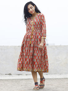 Red Yellow Ivory Blue Green Hand Blocked Cotton Dress With Peasant Sleeves- D78F774
