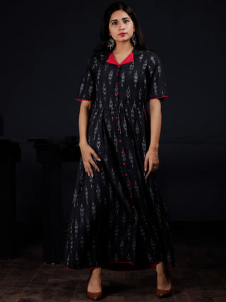 Indigo White Mergenta Long Handwoven Ikat Dress With Collar & Side Pockets - D313F1472