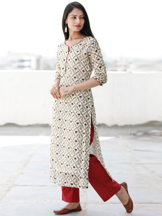 Ivory Maroon Green Hand Block Printed Chanderi Silk Kurta - K170F1926