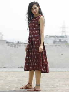Maroon Green Red Ivory Handwoven Double Ikat Pleated Sleeveless Dress With Back Zip  - D65F664
