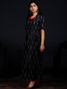 Indigo White Mergenta Long Handwoven Ikat Dress With Collar & Side Pockets - D313F1472