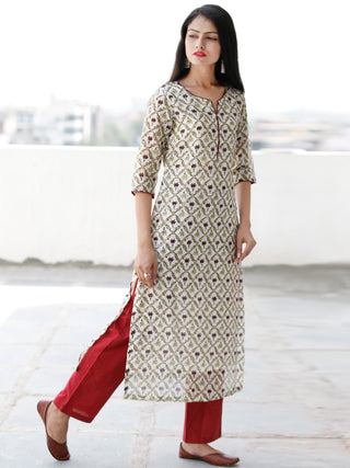 Ivory Maroon Green Hand Block Printed Chanderi Silk Kurta - K170F1926