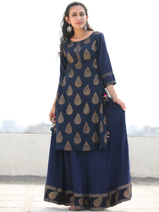 Aalia - Indigo Gold Block Print Kurta & Skirt Dress With Tassels - D380F2001