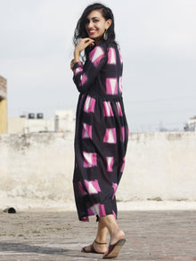 Naaz Black Pink White Hand Block Printed & Tie Dye Dress With Peasant Sleeves & Lining -DS25F001