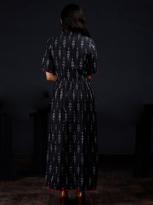 Indigo White Mergenta Long Handwoven Ikat Dress With Collar & Side Pockets - D313F1472