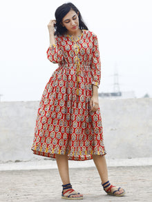 Red Yellow Ivory Blue Green Hand Blocked Cotton Dress With Peasant Sleeves- D78F774