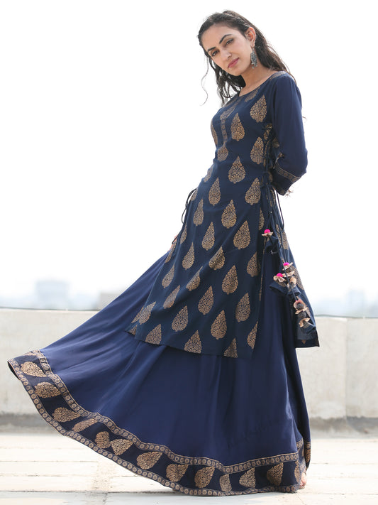 Aalia - Indigo Gold Block Print Kurta & Skirt Dress With Tassels - D380F2001