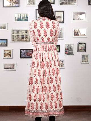 White Red Black Bagh Printed Cotton Long Angrakha Dress With Gathers - D298F1719