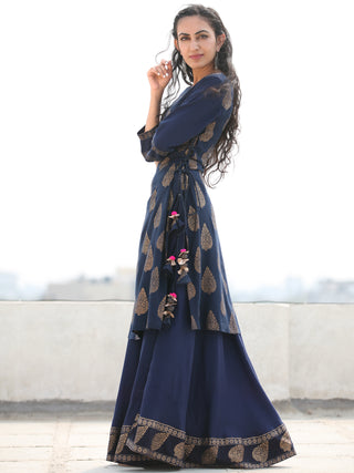 Aalia - Indigo Gold Block Print Kurta & Skirt Dress With Tassels - D380F2001