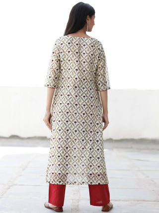 Ivory Maroon Green Hand Block Printed Chanderi Silk Kurta - K170F1926