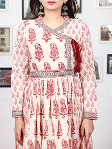 White Red Black Bagh Printed Cotton Long Angrakha Dress With Gathers - D298F1719