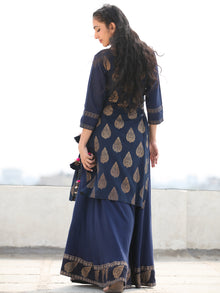 Aalia - Indigo Gold Block Print Kurta & Skirt Dress With Tassels - D380F2001