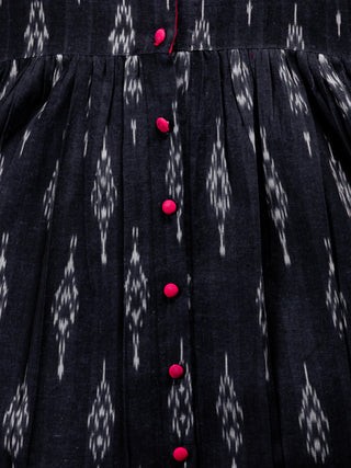 Indigo White Mergenta Long Handwoven Ikat Dress With Collar & Side Pockets - D313F1472