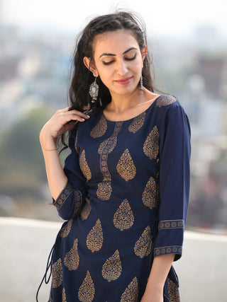 Aalia - Indigo Gold Block Print Kurta & Skirt Dress With Tassels - D380F2001