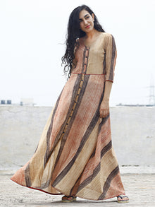 Beige Red Black Hand Brush Painted Long Cotton Dress With Front Opening  - D79F781