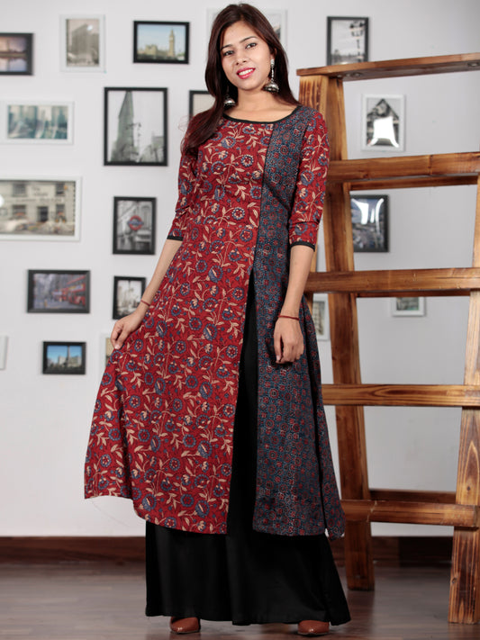 Cherry Red Indigo Beige Yellow Ajrakh Hand Block Printed Kurta With Front Slit  - K61BP0121