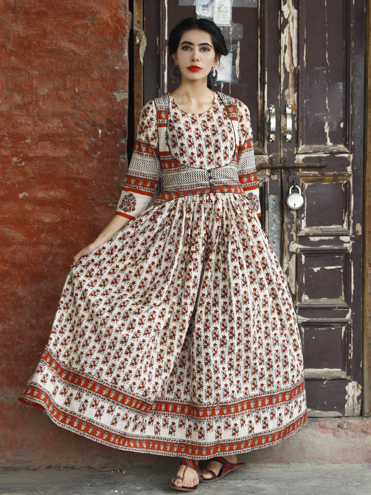 Naaz Asma - Ivory Maroon Grey Hand Block Printed Long Cotton Dress With Gather & Lining - DS01F001