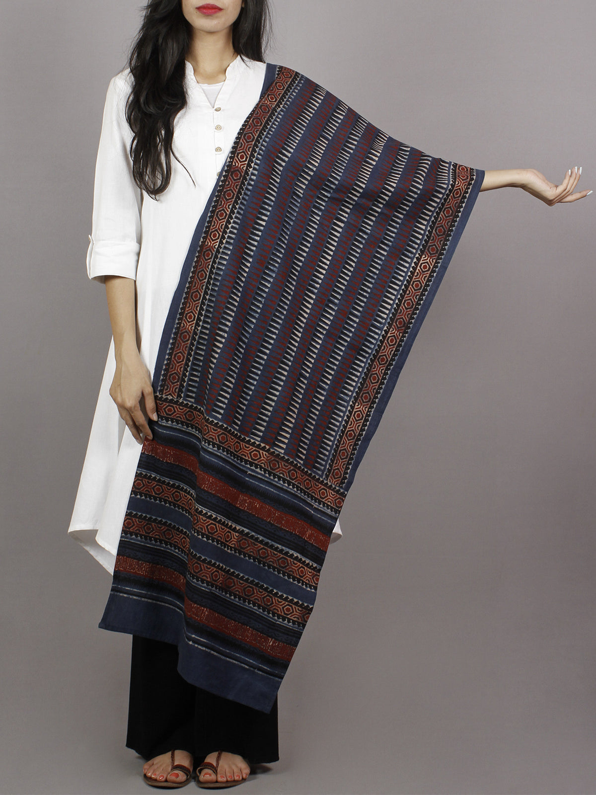 Indigo Maroon Ivory Brown Mughal Nakashi Ajrakh Hand Block Printed Cotton Stole - S63170121