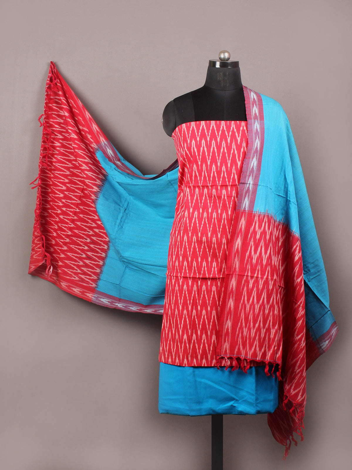 Azure Red White Ikat Handwoven Cotton Suit Fabric Set of 3 - S1002012