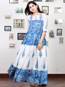 White Indigo Blue Hand Block Printed Long Tier Dress With Pin Tucks - D221F1498