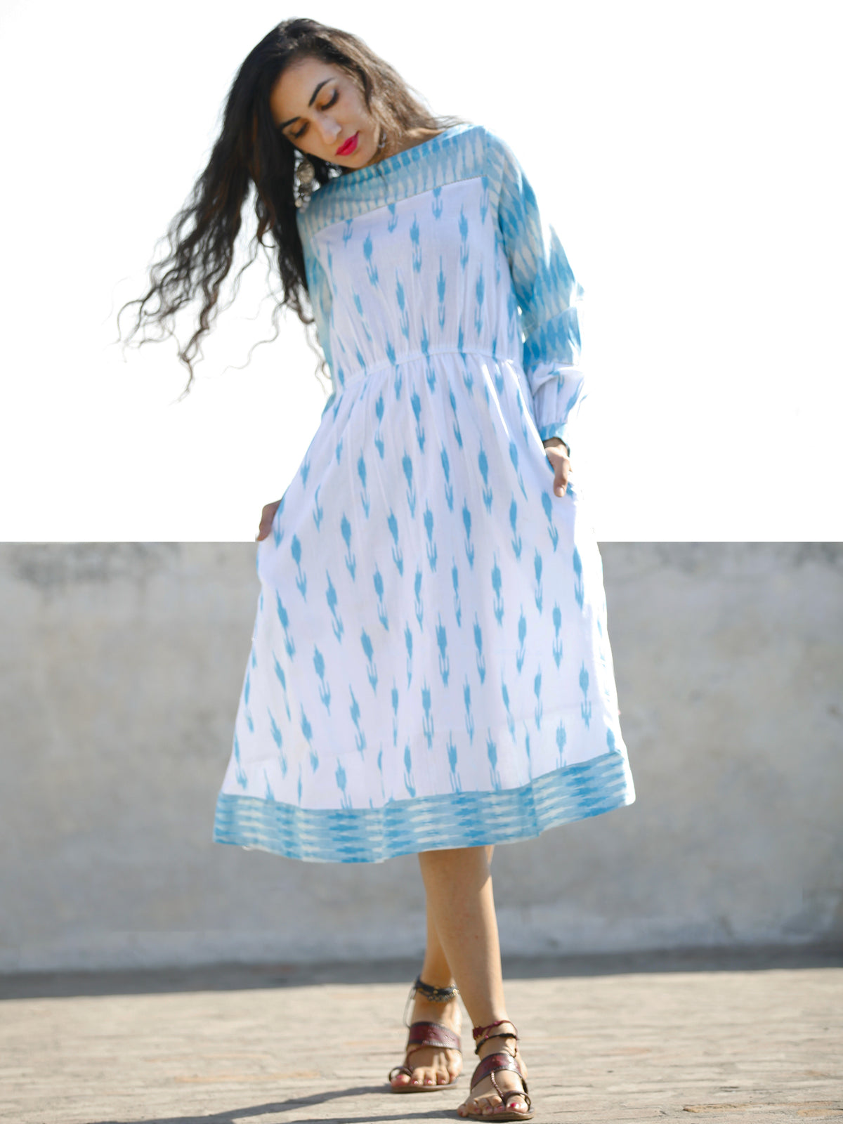 White Sky Blue Hand Woven Cotton Ikat Midi Length Dress With Peasant Sleeves  - D109F814