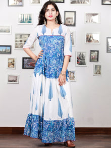 White Indigo Blue Hand Block Printed Long Tier Dress With Pin Tucks - D221F1498