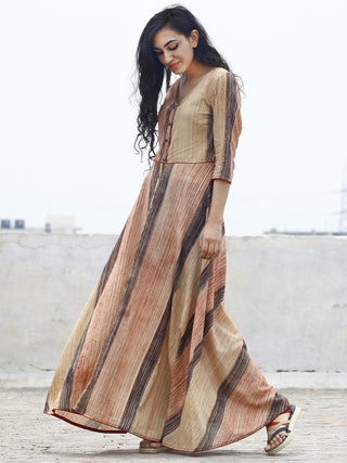 Beige Red Black Hand Brush Painted Long Cotton Dress With Front Opening  - D79F781