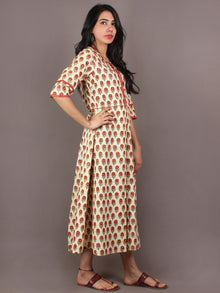 Beige Orange Green Maroon Hand Block Printed Long Cotton Dress With Inverted Box Pleat - D1912301