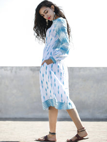 White Sky Blue Hand Woven Cotton Ikat Midi Length Dress With Peasant Sleeves  - D109F814