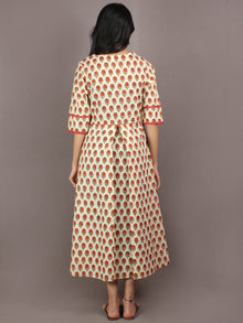 Beige Orange Green Maroon Hand Block Printed Long Cotton Dress With Inverted Box Pleat - D1912301
