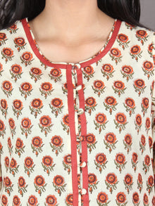 Beige Orange Green Maroon Hand Block Printed Long Cotton Dress With Inverted Box Pleat - D1912301