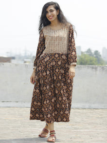 Black  Maroon Brown White Beige Long Hand Block Printed Cotton Dress With Knife Pleats & Side Pockets - D90F892