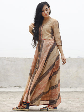 Beige Red Black Hand Brush Painted Long Cotton Dress With Front Opening  - D79F781