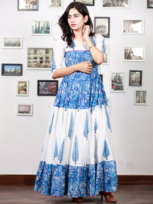 White Indigo Blue Hand Block Printed Long Tier Dress With Pin Tucks - D221F1498